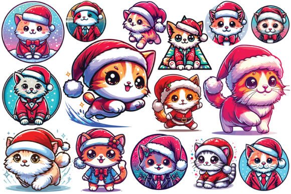 15 Cat Christmas Hat Illustrations Bundle
