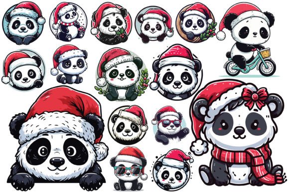 16 X Panda Wearing Christmas Hat Bundle: Festive Illustrations