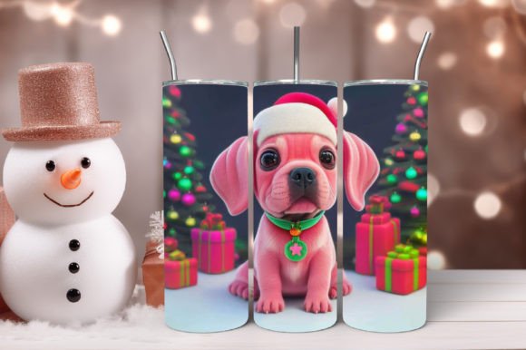 3D Christmas Pink Dog Tumbler Design Illustrations