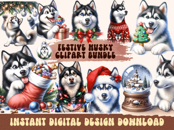 Christmas Husky Clipart Bundle: Festive Illustrations