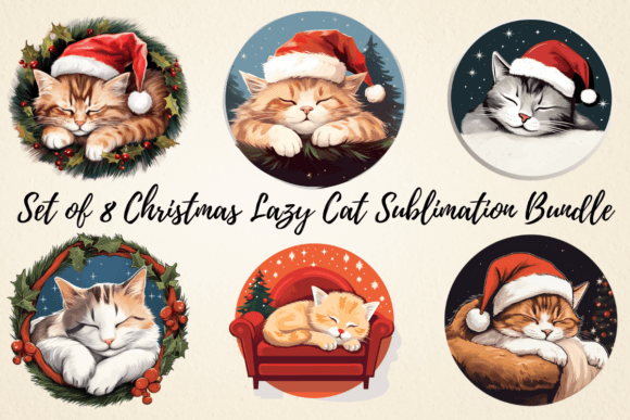 Christmas Lazy Cat Sublimation Bundle: Illustrations