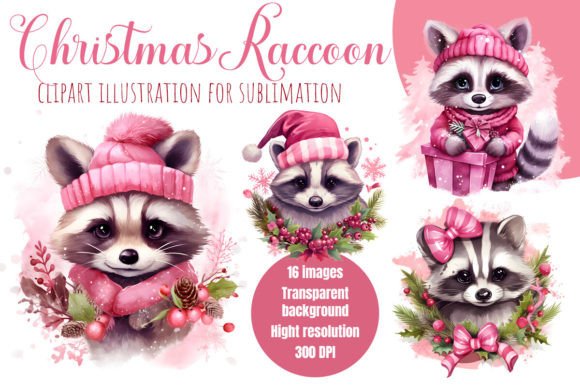 Christmas Raccoon Watercolor Clipart: Editorial Illustrations