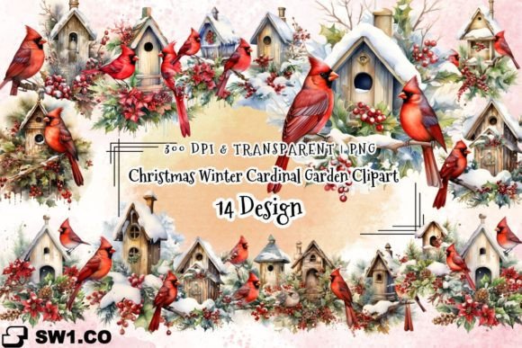 Christmas Winter Cardinal Garden Clipart & Illustrations