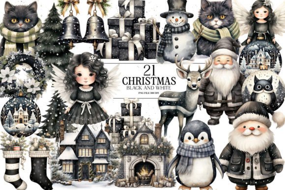 Cute Black and White Christmas Clipart: Illustrations for Sellers