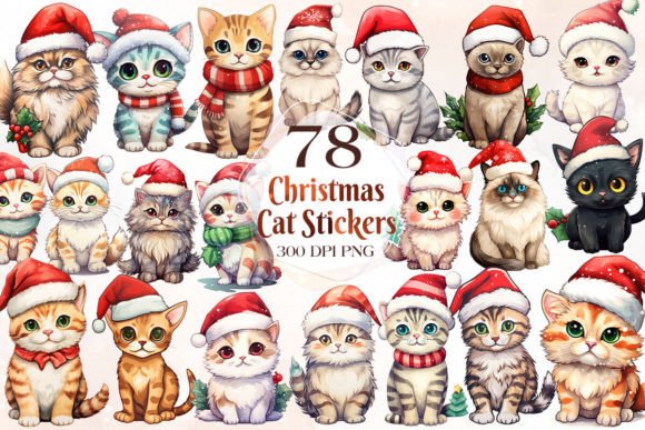 Kawaii Christmas Cat Stickers Clipart: Cute Illustrations