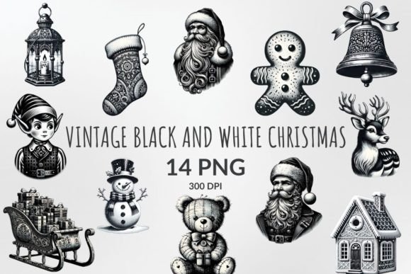 Vintage Black and White Christmas Bundle Illustrations