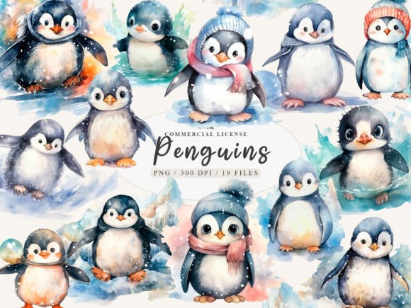 Watercolor Christmas Baby Penguin Clipar Illustrations