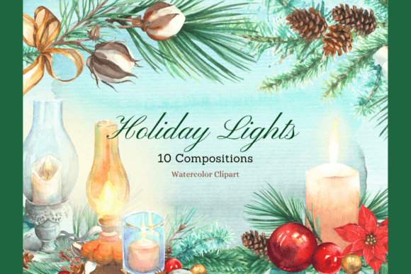 Watercolor Christmas Candle and Lanterns Illustrations