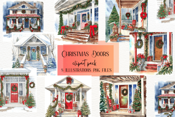 Watercolor Christmas Doors Illustrations