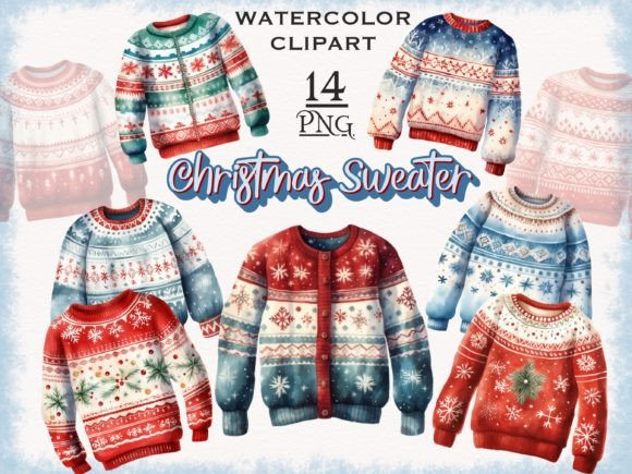 Watercolor Christmas Sweater PNG Bundle: Festive Illustrations