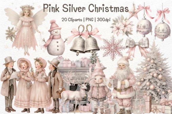 Watercolor Pink Silver Christmas Clipart Illustrations